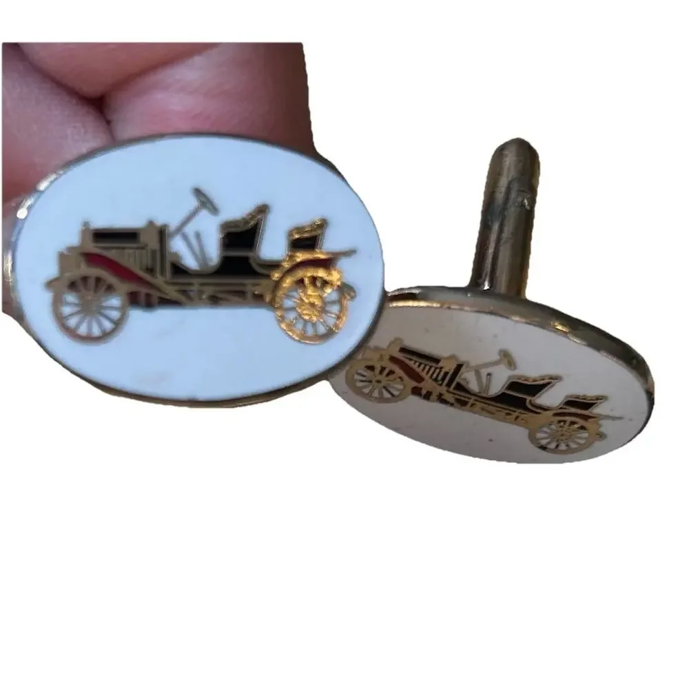Old Vintage Classic Cars Trucks White Gold ENAMEL Cuff Links antique auto cars